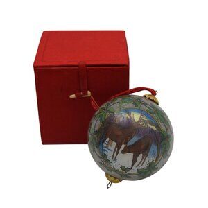 Bill Yee Deer Scene Christmas Ornament Reverse Painted Holly Red Gift Box